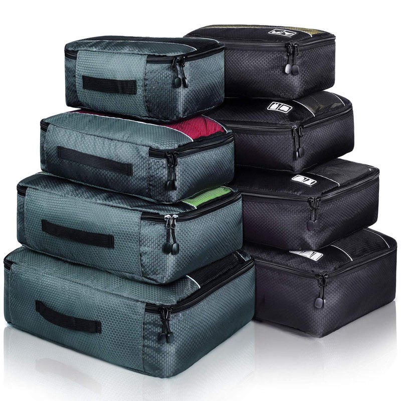 Idesort 8 Set Packing Cubes, Travel Luggage Bags Organizers Mixed Color Set (Black Grey) - Image 1